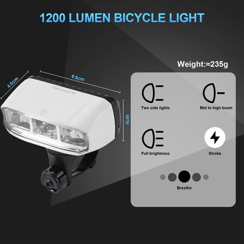 ACRUNU Super Bright LED Bike Light Bar for E-Bike - 1200 Lumens with High/Low Beam, 5 Modes, USB-C Rechargeable, Universal Mount for Mountain/Road Bikes & Out Front Mount (White, Large)