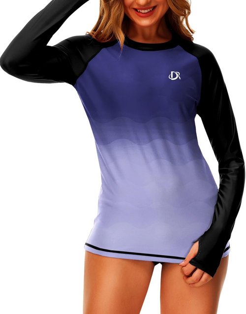 Deerose Women's Gradient Rash Guard - UPF 50+ Surfing Swim Shirt with Thumb Hole