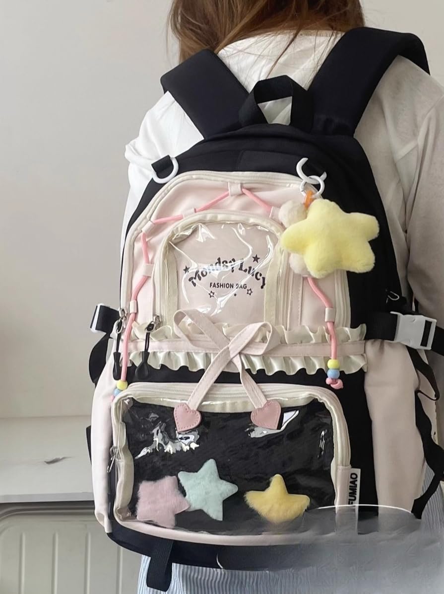 Ita Bag Kawaii Y2K Bookbag Aesthetic Spacious Star Backpack with Bow Pouch for Anime Convention Travel Casual Outing (Black)