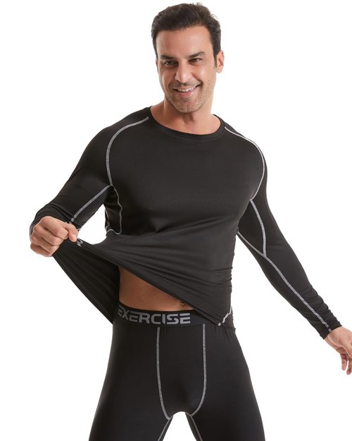ATTIQOZI 4,5,6 Pack Men's Compression Shirts Long Sleeve Rash Guard Workout Undershirt Base Layer Athletic Shirt Black(5pack) L