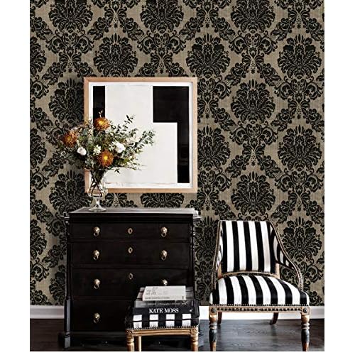 JLHOUSE Vinyl Victorian Damask Wallpaper Stick and Peel - self Adhesive Wallpaper Brown/Black Removable Paper for Bedroom Living Room Walls -17.7inch x 118inch/Roll