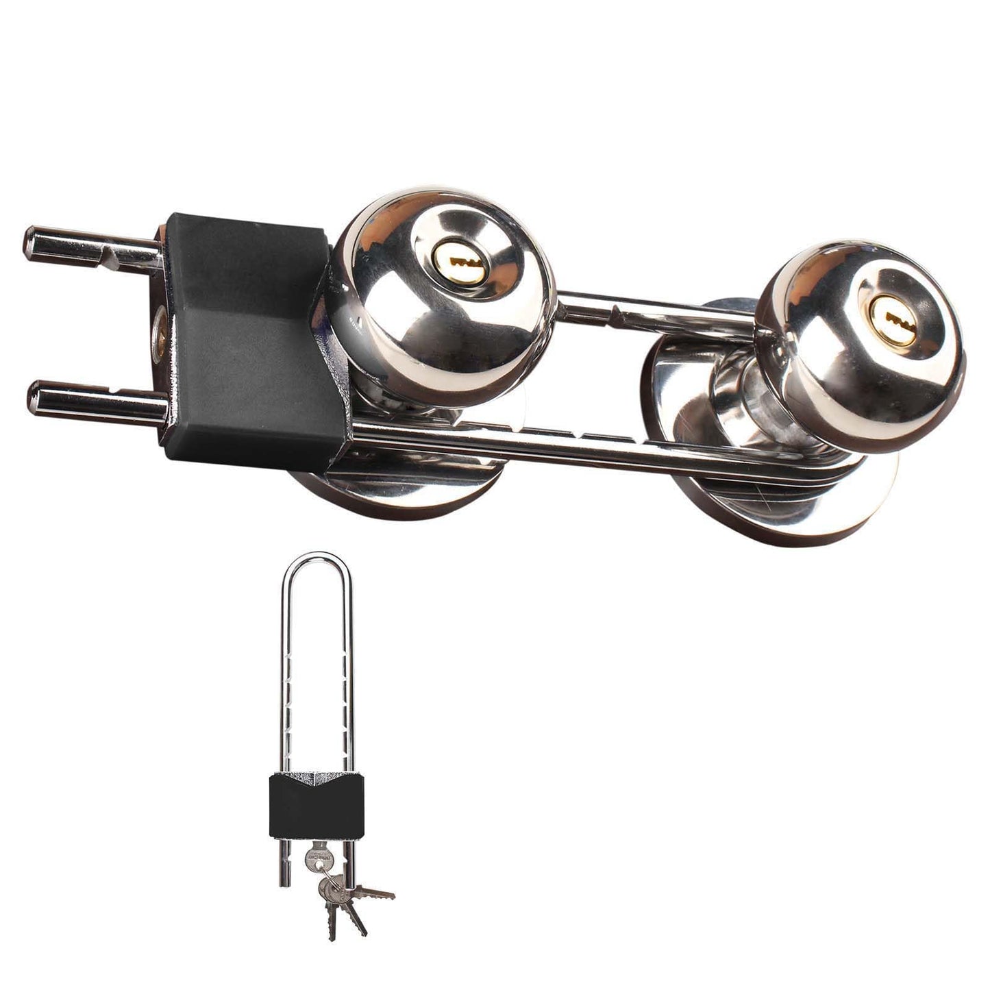 French Door Lock, Door Security Bar, Double Door Locking Device, Keyed Extra Door Lock for Doors with Double Handles/Knobs/Levers, All Metal Construction, Safety U-Shaped Bar Prevent Kick Ins