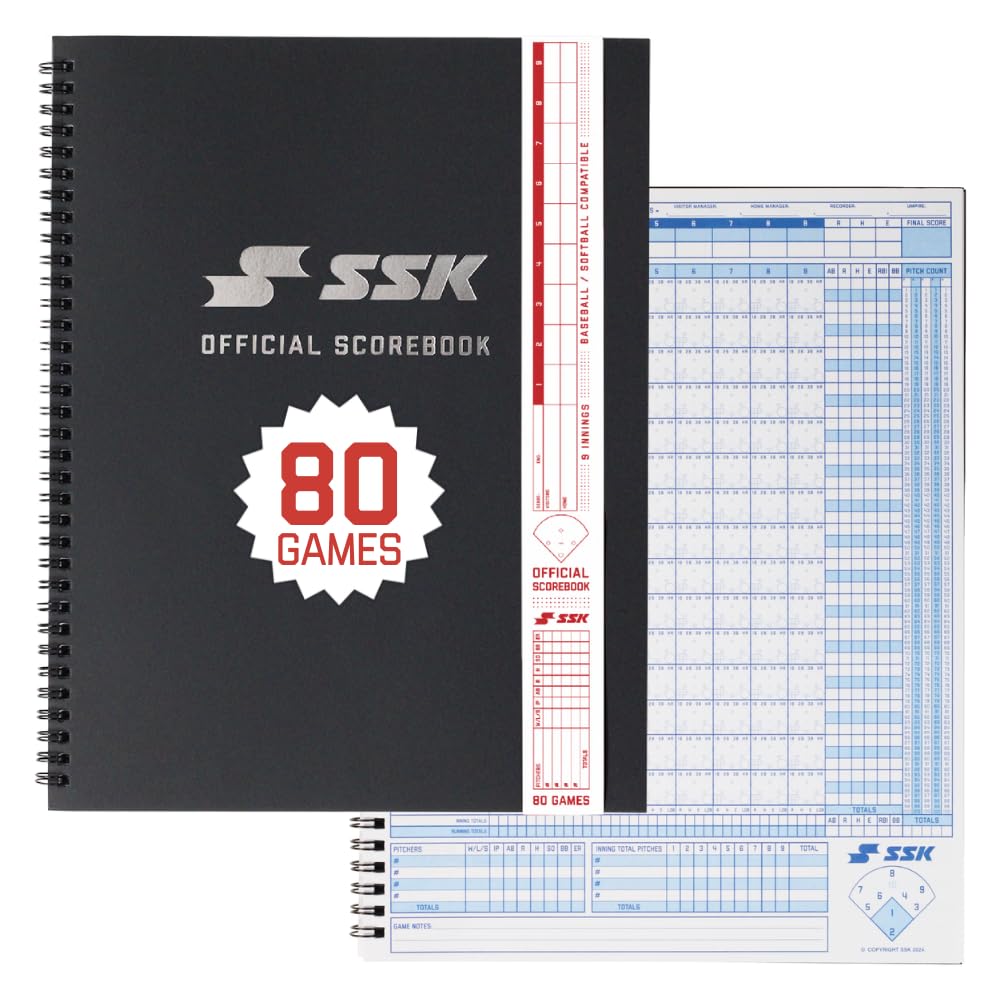 SSK 80 Game Official Scorebook Baseball + Softball – Premium Cover Score Keeping Book – 15 Player - Home + Away Team – 9.25”x12” (80 Games)