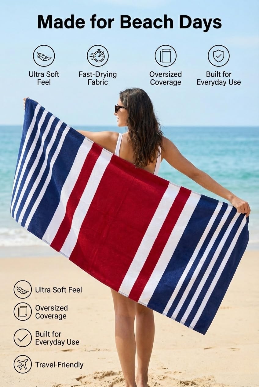 9Threads Premium Terry Cabana Beach Towel 2 Pack, 30” x 60” Soft Absorbent Cotton Pool Towel, Quick Dry Towel for Beach and Pool (Mariner Stripes)