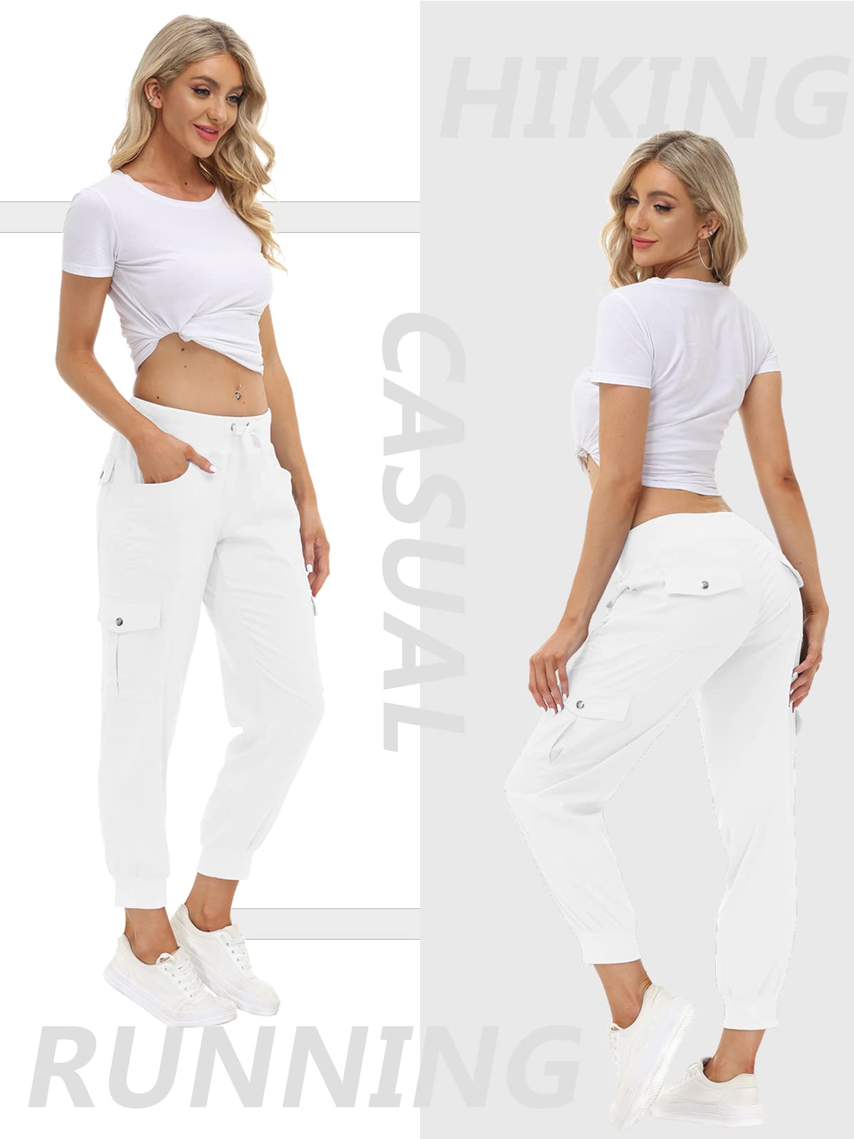 MoFiz Women's Cargo Pants Hiking Joggers Summer Lightweight Quick Dry Athletic Outdoor Sports Sweatpants Travel Casual Button Pockets Rice White 4XL