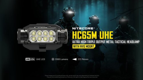 Nitecore HC65M UHE 2000 Lumen Tactical Helmet Light Headlamp, NVG Mountable USB-C Rechargeable with Red and White Lights Sticker