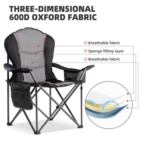 Foristrail Large Camping Chair with Side Table Heavy Duty 500LBS - Folding Outdoor Chair with Cooler Bag (Black & Gray, 1 PCS)