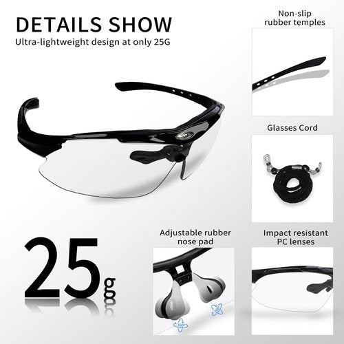 JIWYMFE Photochromic Cycling Glasses for Men Women, 100% UV Protection Wraparound Cycling Running Glasses, Anti-Sweat Anti-Wind Non-Polarized Safety Glasses for Baseball Golf Pickleball