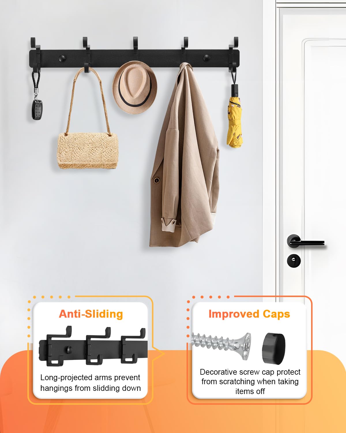 DECLUTTR 2 Pack Coat Rack Wall Mount, 5 Heavy Duty Hooks for Hanging Entryway, Metal Hat Rack, Towel Hanger, Black