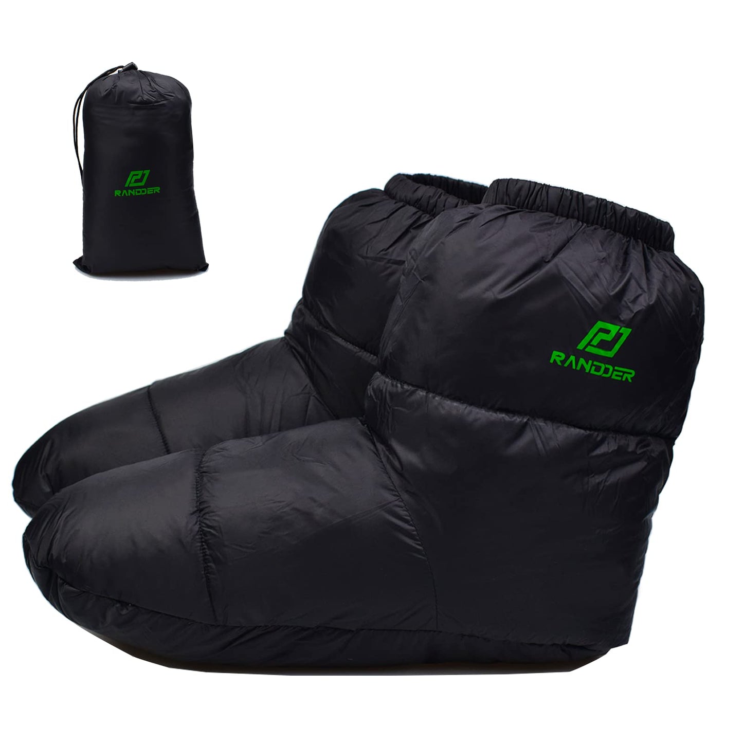 RANDDER Down Booties Warm Socks for Men & Women - Ultralight Sleeping Sock for Camp, Backpacking - Soft & Cozy Camping Sleeping Bag Tent Down Slippers Foot Warmer (Black, Small)