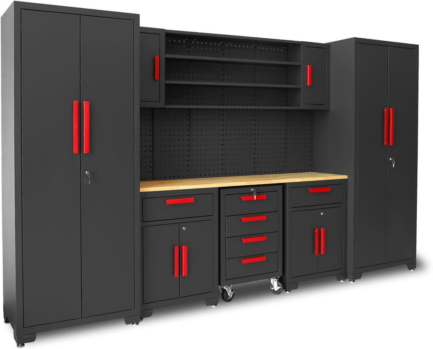 Torin Garage Storage Cabinets - 8-Piece Workshop Cabinet Set in Black with Steel Drawers & Pegboard