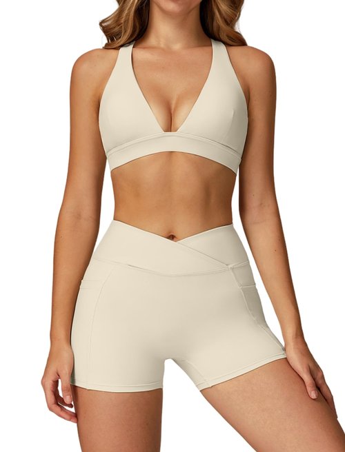 Two Piece Workout Sets For Women Spaghetti Straps V Neck Back Sports Bra Matching High Waist Booty Lifting Biker Shorts 2 Piece Gym Yoga Active Wear Outfit Women Athletic Work Out Set V- Apricot S