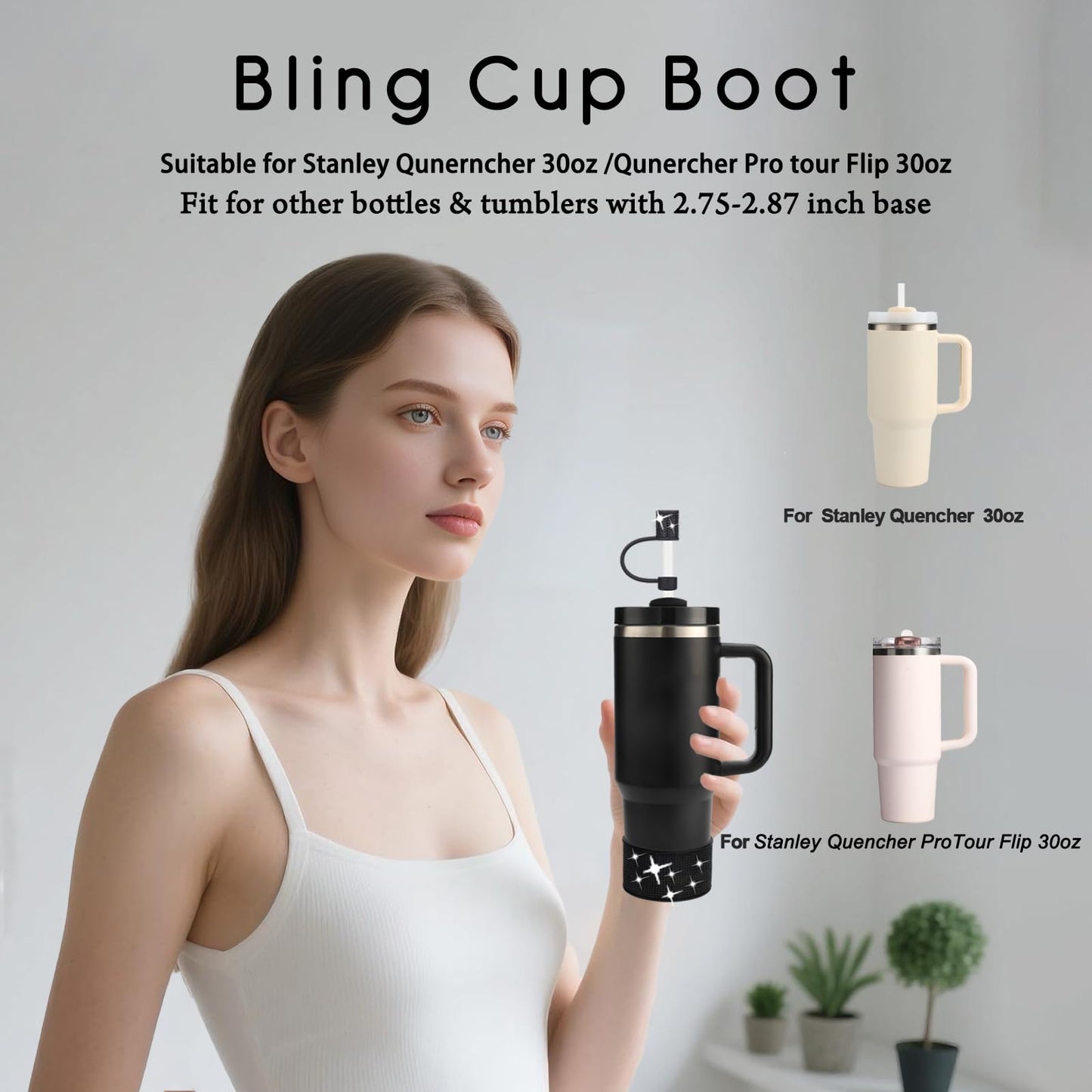 Rhinestone Silicone Boot for 30 oz Stanley Quencher, Anti-Slip Silicone Protector for Qunercher Pro tour Flip 300z, Cup Accessories for 2.75-2.87 inch Trapezoidal Cylinder Base Water Bottles Bottom