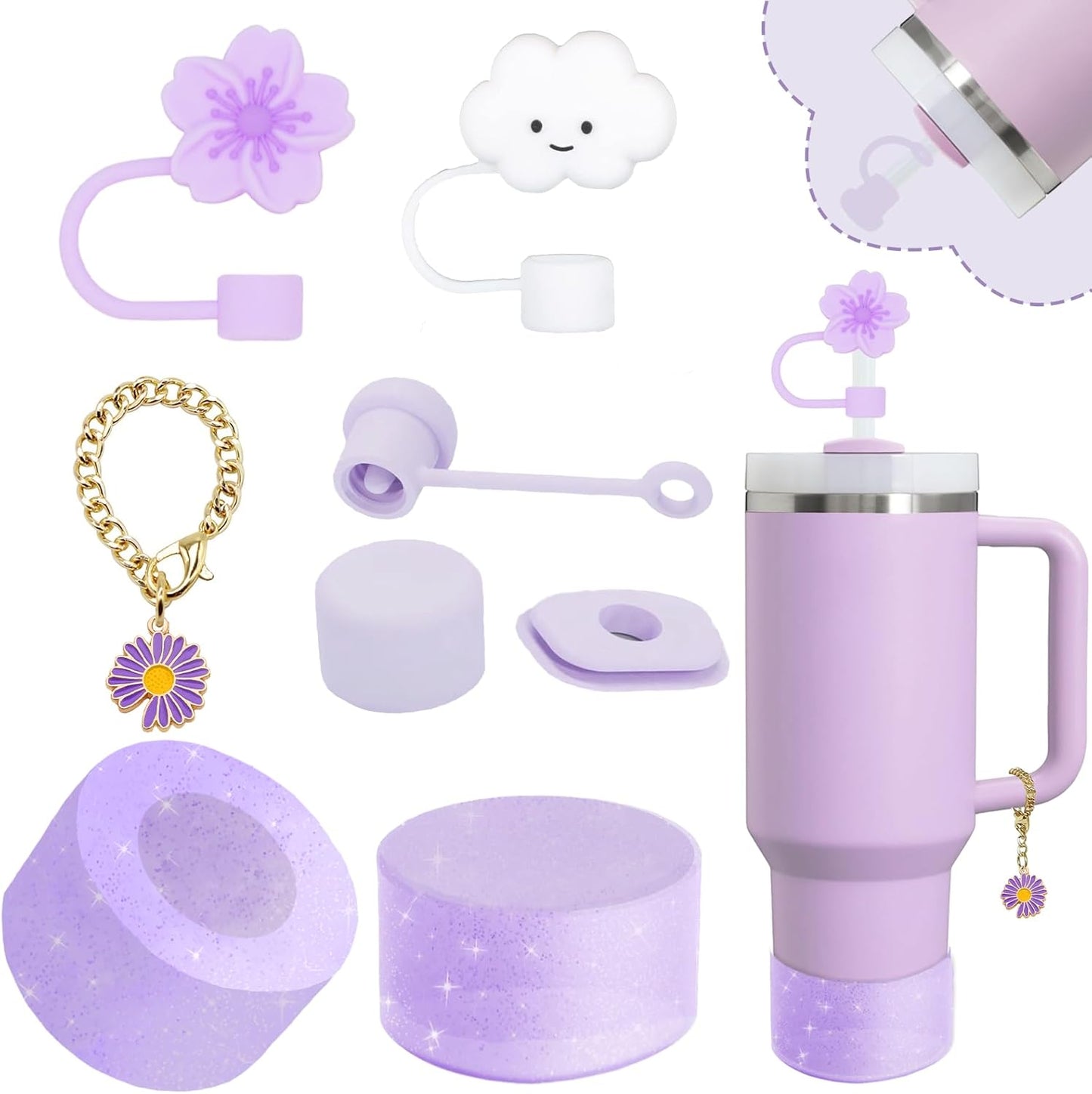 Stanley Cup Accessories Set - 2 Straw Covers, 1 Spill-Proof Stopper & 1 Flower Handle Charm | Fits 30 & 40 Oz Tumblers (Purple)