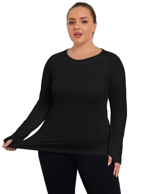 COOTRY Plus Size Seamless Workout Shirts for Women Long Sleeve Yoga Tops Sports Running Athletic Top Slim Fit Black 2XL