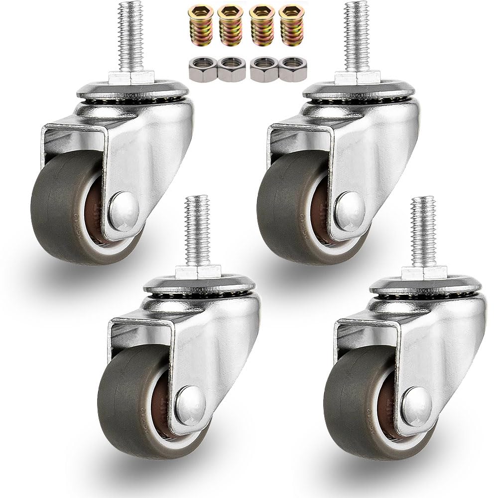 NERILEE 4-Pack 1 Inch M6x 15mm Swivel Caster Wheels with Mini Threaded Stem Small Tiny Shopping Cart Wheel Rubber TPE Perfect Caster Set for Small Furniture and Equipment