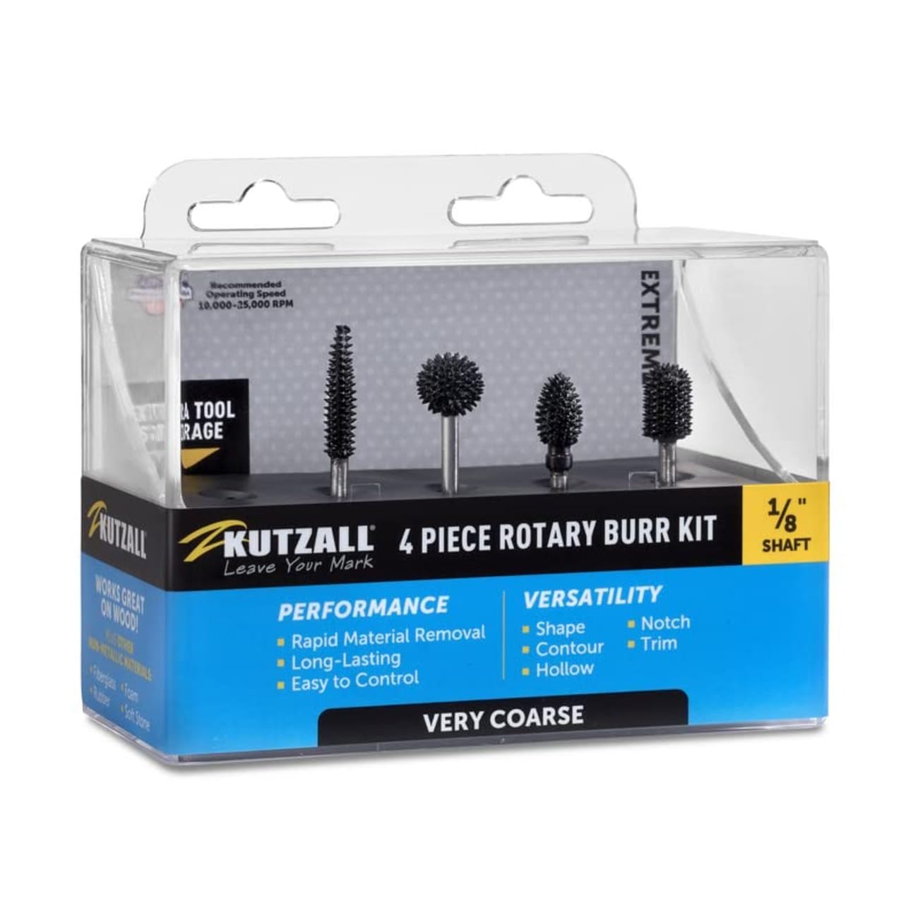 Kutzall 4-Piece Rotary Burr Kit - 1⁄8" Shaft, Very Coarse - Wood Carving Bits for Dremel, Foredom, Ryobi, DeWalt, Milwaukee Tools - Structured Tungsten Carbide