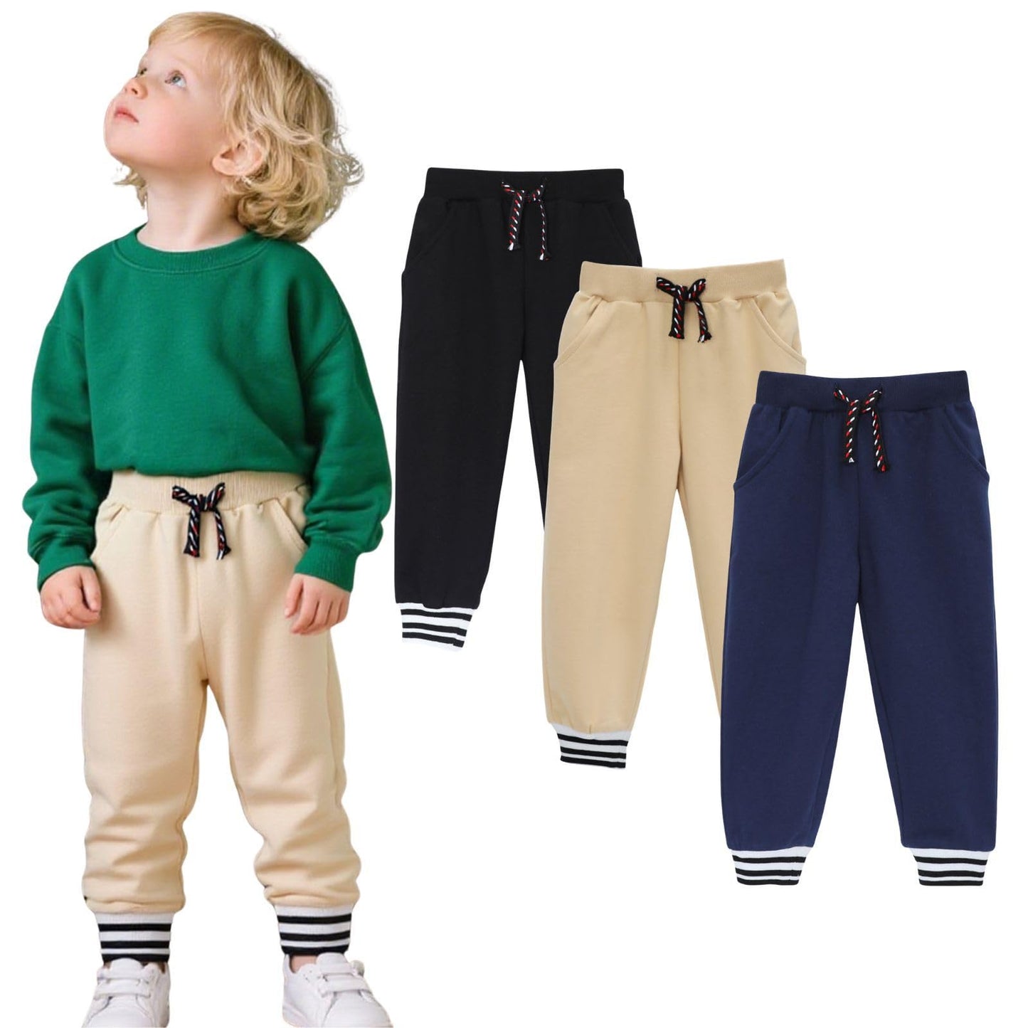 HILEELANG Toddler Boys Cotton Jogger Sweatpants 3 Pack, Black Khaki Navy Blue Soft Elastic Waist Playwear Sport Pants with Pockets, Sizes 2Y