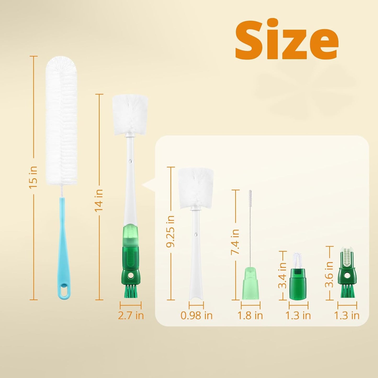 OUTXE Bottle Brush Set - 5-in-1 Water Bottle Cleaner with Long Handle & Straw Brushes | 15" Length