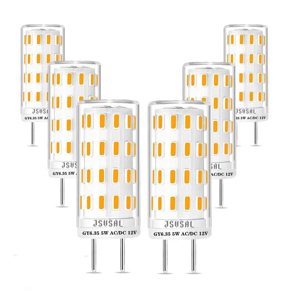JSVSAL GY6.35 LED Bulb Dimmable,T4 JC Type GY6.35/G6.35 Bi-pin Base,AC/DC 12V Warm White 2700K 5W Equivalent to 40-50W Halogen Bulb for Pendant Light,Chandelier,Desk Light,Landscape Lighting,6-Pack