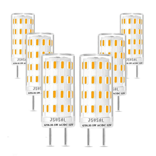 JSVSAL GY6.35 LED Bulb Dimmable,T4 JC Type GY6.35/G6.35 Bi-pin Base,AC/DC 12V Warm White 2700K 5W Equivalent to 40-50W Halogen Bulb for Pendant Light,Chandelier,Desk Light,Landscape Lighting,6-Pack