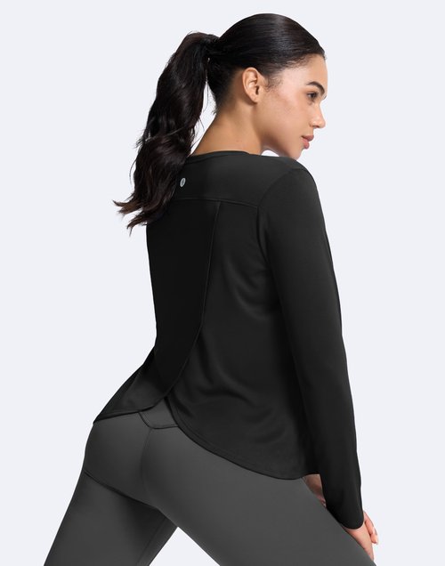 SANTINY Women's Lightweight Long Sleeve Workout Tops Split Back Gym Running Hiking Athletic Shirt Quick Dry UPF 50+ Sun Shirt (Black_L)