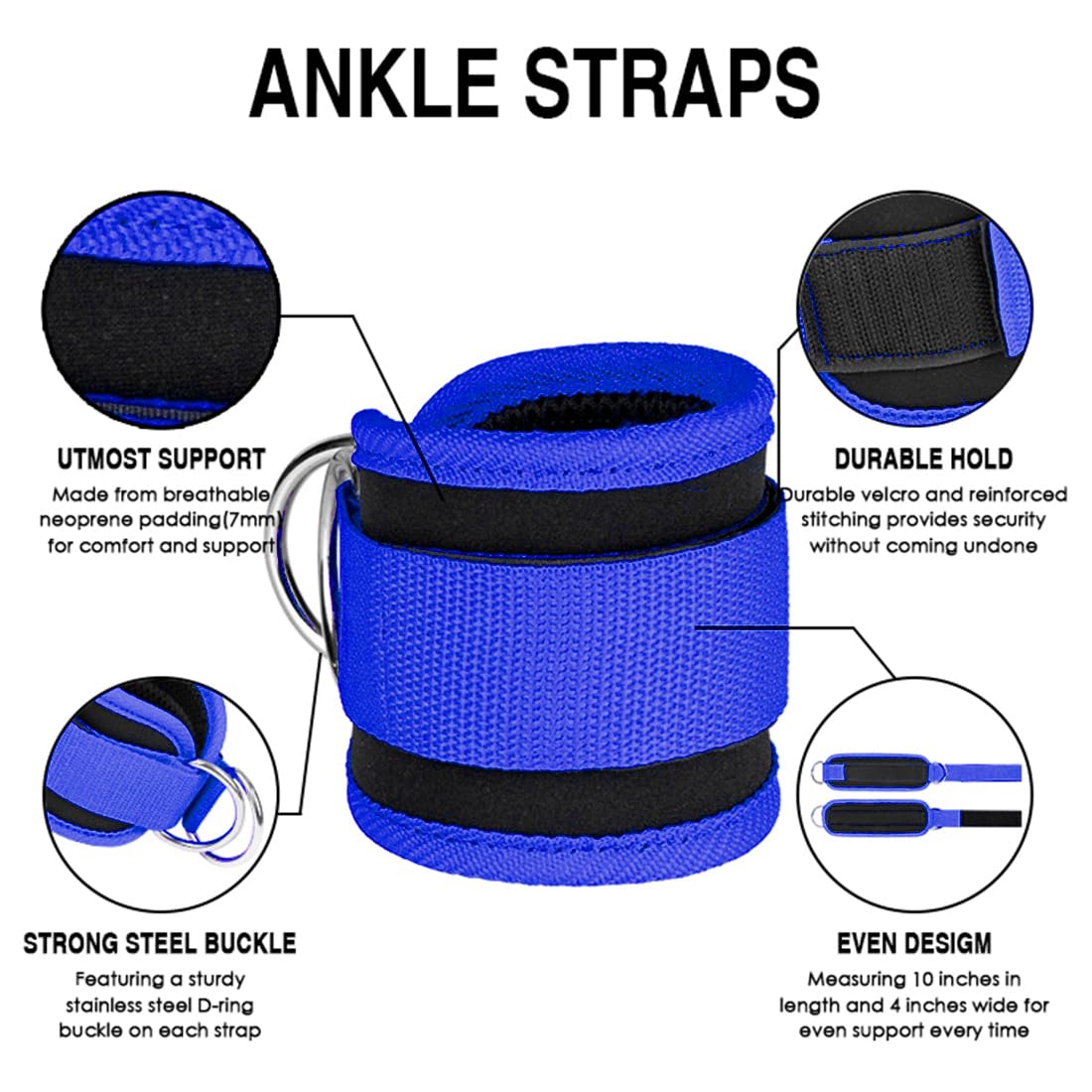 EastyGold Ankle Straps Ankle Bands Wrist Cuffs Padded Straps Adjustable Fitness Glute Kickback D-Ring for Cable Machine Gym Foot Leg Training Brace Support 1 Pair (Blue)