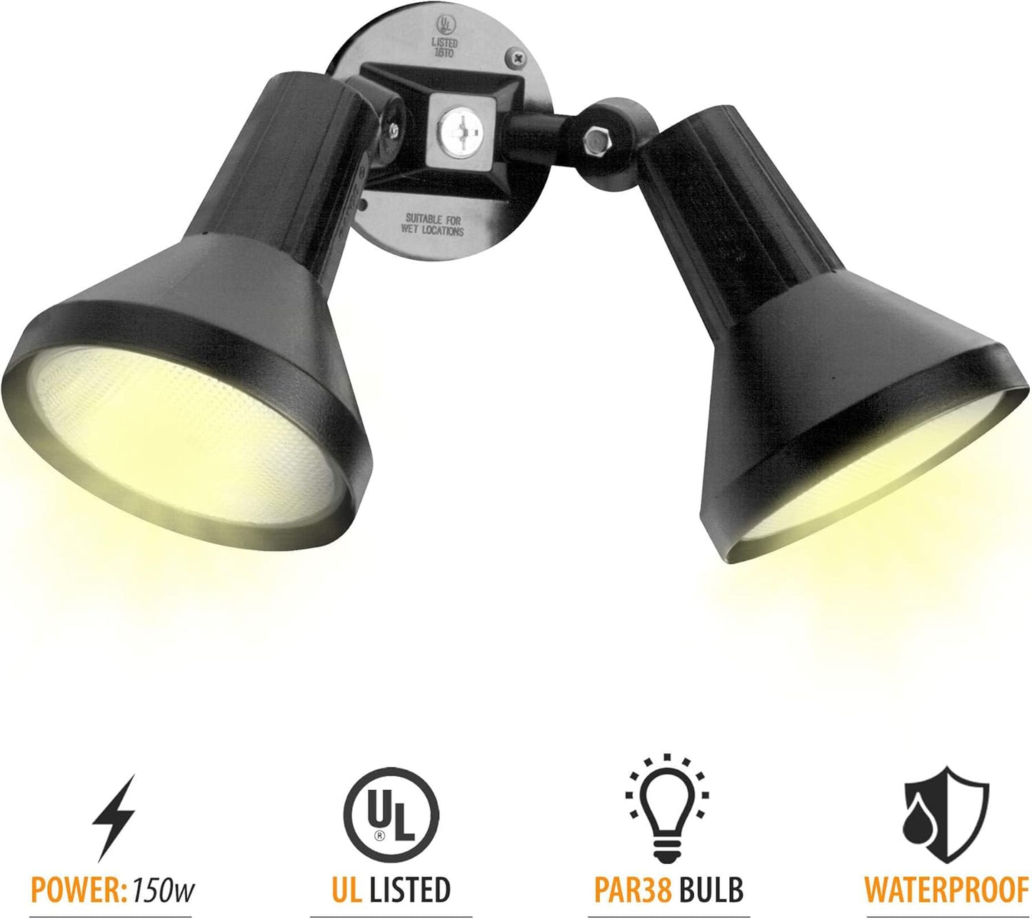 150W Outdoor Security Flood Light - Dual Head, Weatherproof Cast Aluminum, Dark Bronze Finish