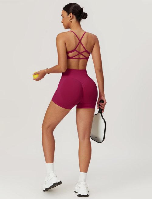 ABOCIW Two Piece Workout Sets for Women Seamless Backless Strappy Sports Bra Butt Lifting High Waist Gym Shorts Yoga Athletic Set Berry Red X-Large