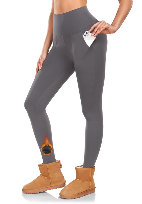 DHSO Warm Fleece Lined Leggings Women with Pockets- Thermal Winter High Waisted Yoga Pants Tummy Control Soft for Workout Dark Grey Large-X-Large