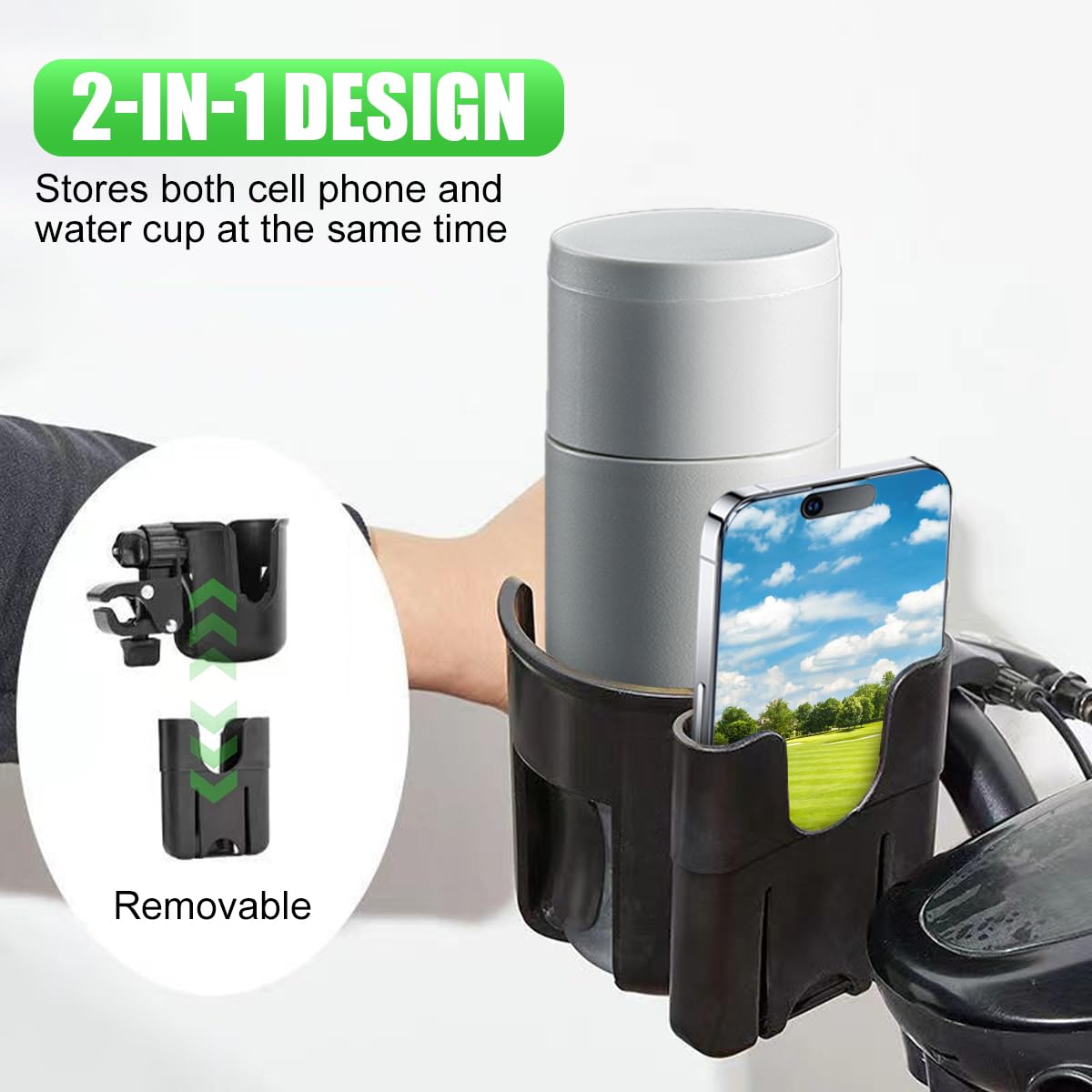 Golf Cart Cup Holders, Universal 2-in-1 Mug Phone Holder, Mount Compatible with EZGO/Club Car/Yamaha, 360° Swivel with Silicone Protective Pad, Bike, Wheelchair, Walker, Scooter