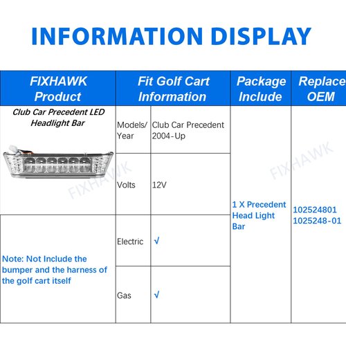FIXHAWK Club Car LED Headlight Bar,12V Precedent Front Head Light Bar Assembly for Club Car Precedent 2004-Up Electric and Gas Golf Cart, Replace OEM# 102524801,1025248-01