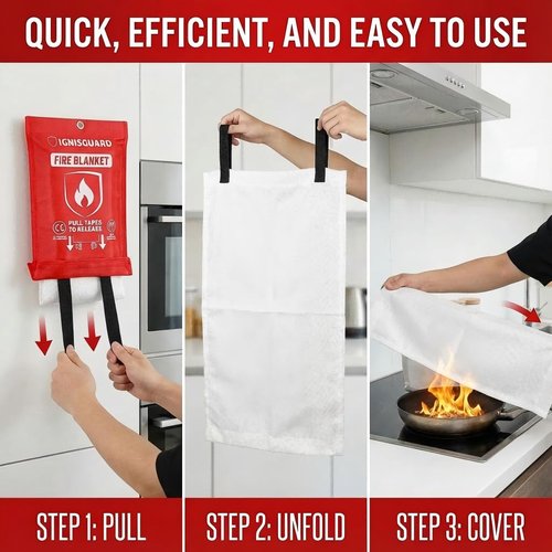 IGNISGUARD Fire Blankets 4 Pack, 40x40in with 1 Pair Fire Resistant Gloves & 4 Hooks, Fiberglass Fire Blankets Emergency for Home and Kitchen, Suppressant for Grease & Electrical Fires, RV, Camping