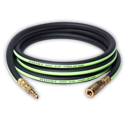 SYEENIFY Air Hose 3/8 in x 10 ft, Thickened 5 Layers Heavy Duty, Kink Resistant, 450PSI Hybrid Air Compressor Hose All-Weather Flexibility with 1/4" Industrial High Flow Quick Brass Coupler and Plug