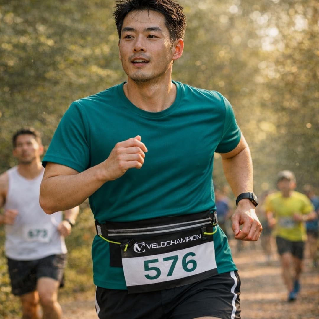 VeloChampion Reflective Running Number Belt Waist Pack + Storage Pouch Pocket. Elastic Adjustable Fit with Clip Fastening. Perfect for Fun Run, 5k, 10k, Marathon, Triathlon, Cycling