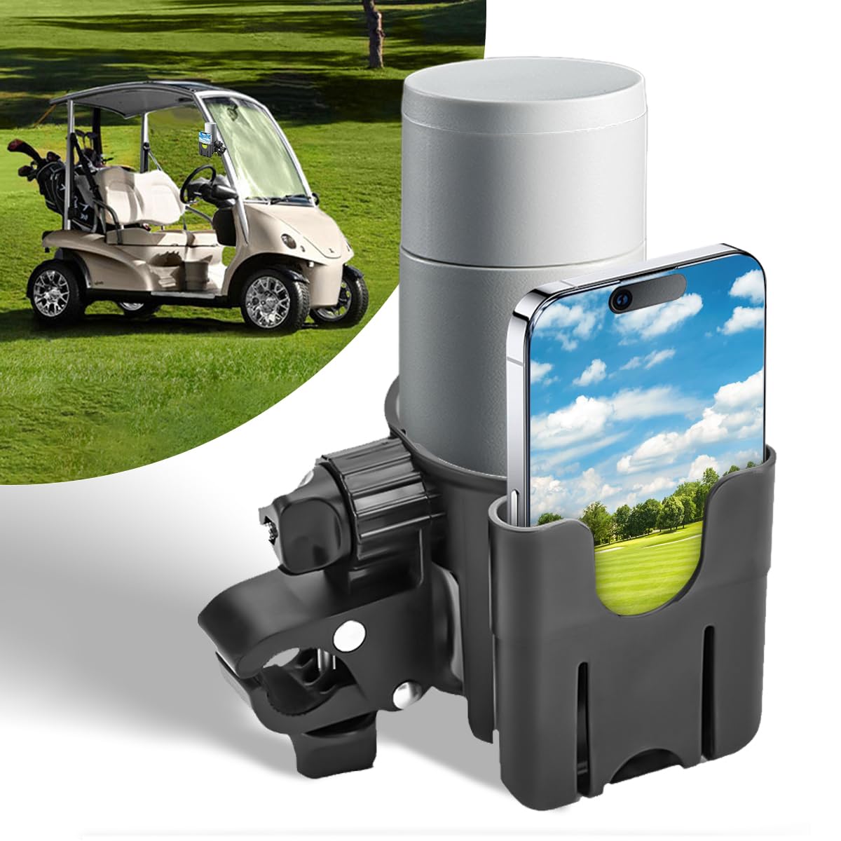 Golf Cart Cup Holders, Universal 2-in-1 Mug Phone Holder, Mount Compatible with EZGO/Club Car/Yamaha, 360° Swivel with Silicone Protective Pad, Bike, Wheelchair, Walker, Scooter