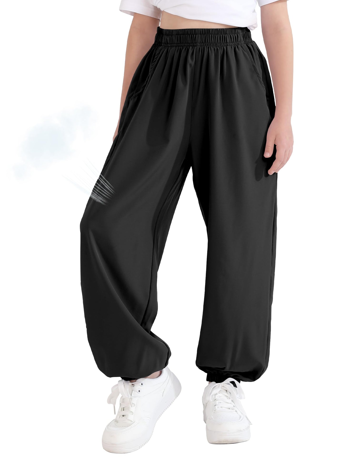 QBK 3T-14Years Girls Summer Lightweight Baggy Joggers with Pockets,Wide Leg Sweatpants Cinched Bottom Hip Hop Dance Pants(Black 7-8Years)