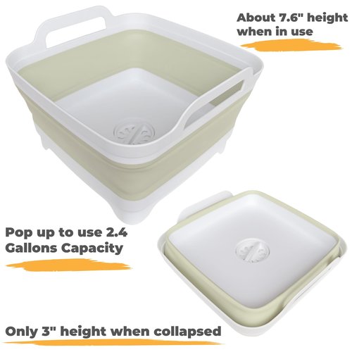 GIMWA Collapsible Wash Basin for Baby Bottles - 2.4 Gallons Portable Wash Bin for RV Camping Sink, Space-Saving Dish Tub (Green)