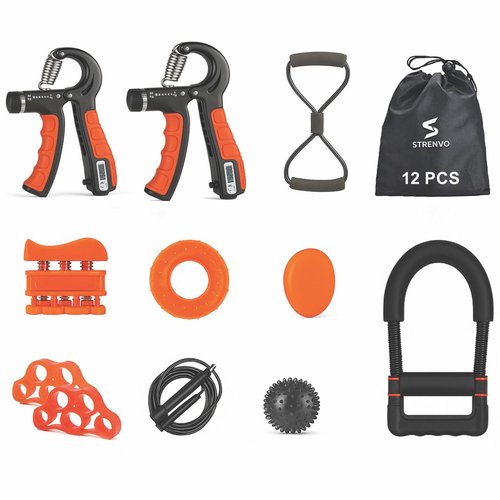 Strenvo Hand Grip Strengthener Complete Set – 12 PCS | Forearm, Finger, Wrist & Hand Exerciser Kit for Men & Women | Adjustable Resistance, Finger Stretcher, Therapy Ball & More | Home & Office Workout (Orange)