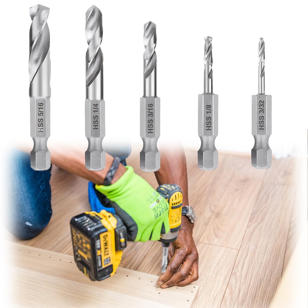 Teocpai 5Pcs 1/4'' Hex Shank Stubby Drill Bit Set for Metal, HSS M2 for Quick Change 3/32, 1/8, 3/16, 1/4, 5/16 Inch