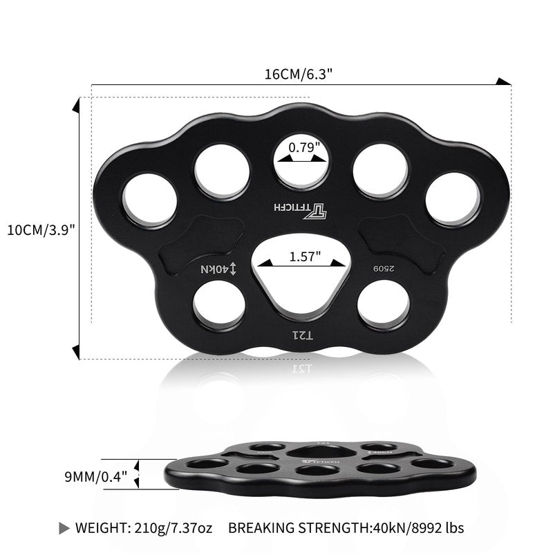 TFTICFH 40kN Rigging Plate, Large Multiplier Anchor, 8 Holes Force Divider Plate Bear, Climbing Descender Connector Gear for Hammock Firefighting Arborist Rock Climbing Rescue Cave Yoga Rappel,Black