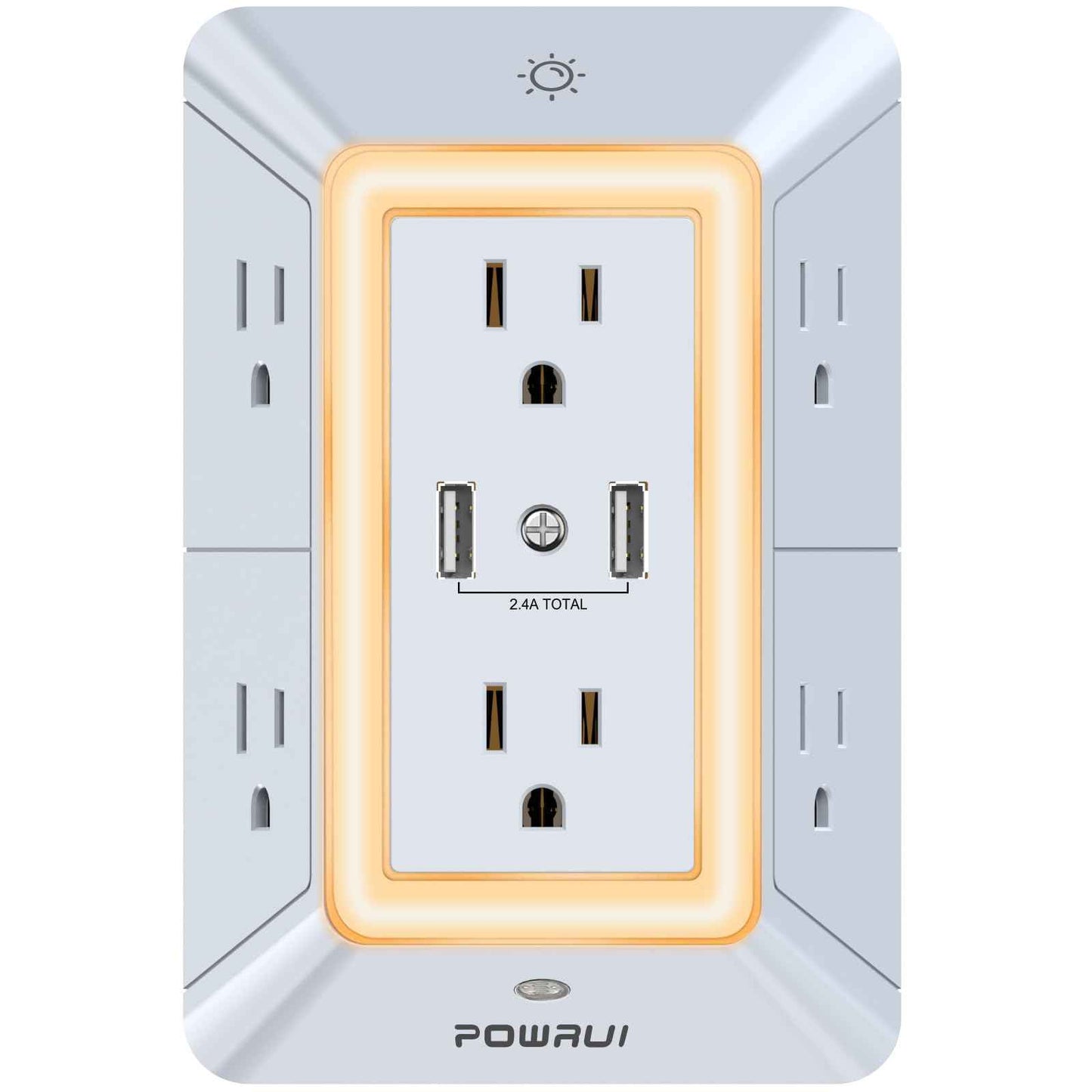 USB Wall Charger, Surge Protector, POWRUI 6-Outlet Extender with 2 USB Charging Ports (2.4A Total) and Night Light, 3-Sided Power Strip with Adapter Spaced Outlets - White，ETL Listed, Grey