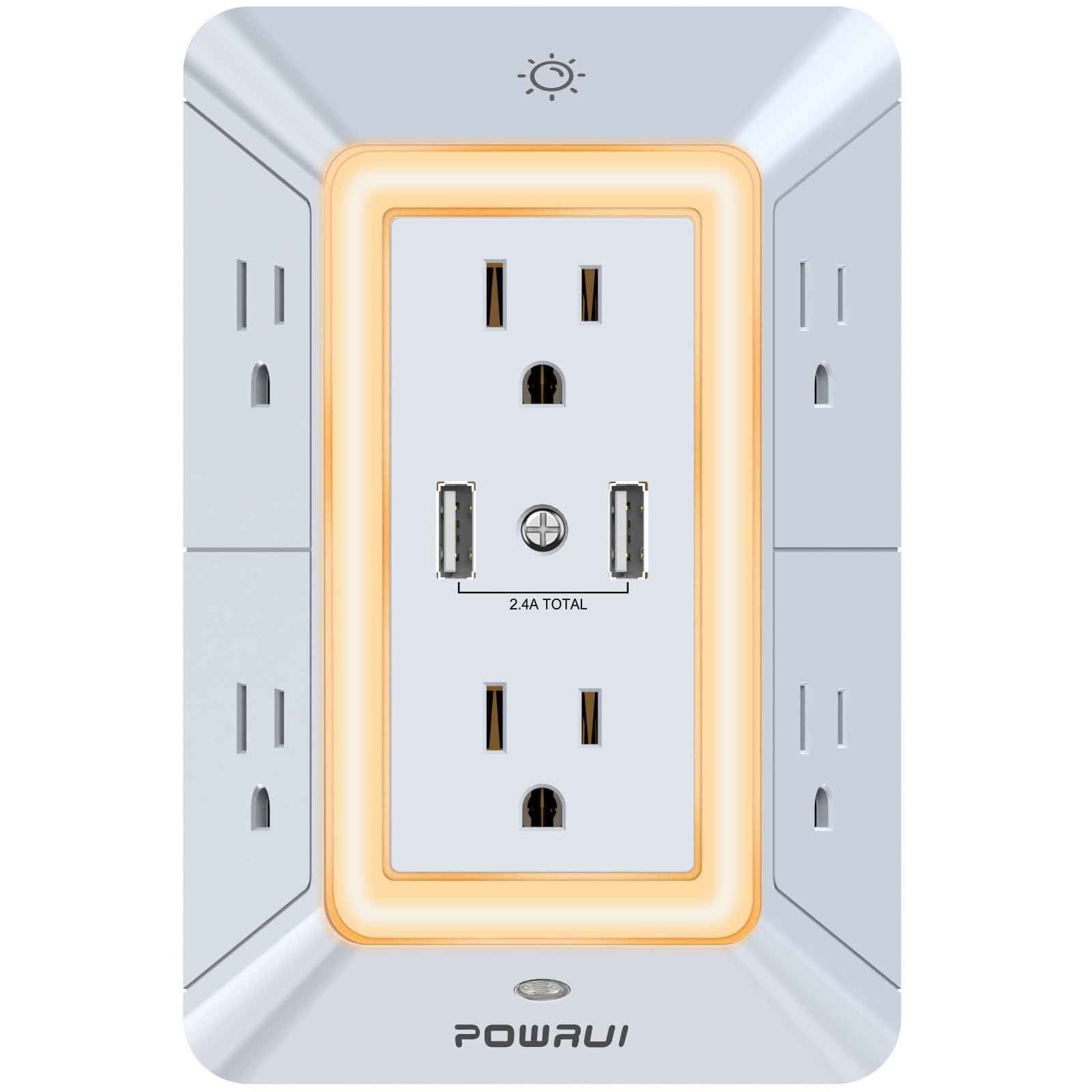 USB Wall Charger, Surge Protector, POWRUI 6-Outlet Extender with 2 USB Charging Ports (2.4A Total) and Night Light, 3-Sided Power Strip with Adapter Spaced Outlets - White，ETL Listed, Grey