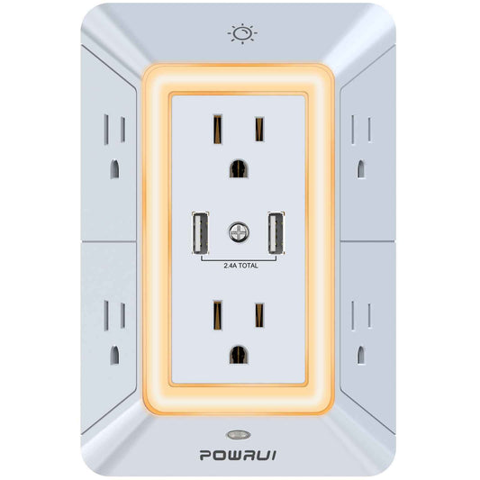 USB Wall Charger, Surge Protector, POWRUI 6-Outlet Extender with 2 USB Charging Ports (2.4A Total) and Night Light, 3-Sided Power Strip with Adapter Spaced Outlets - White，ETL Listed, Grey