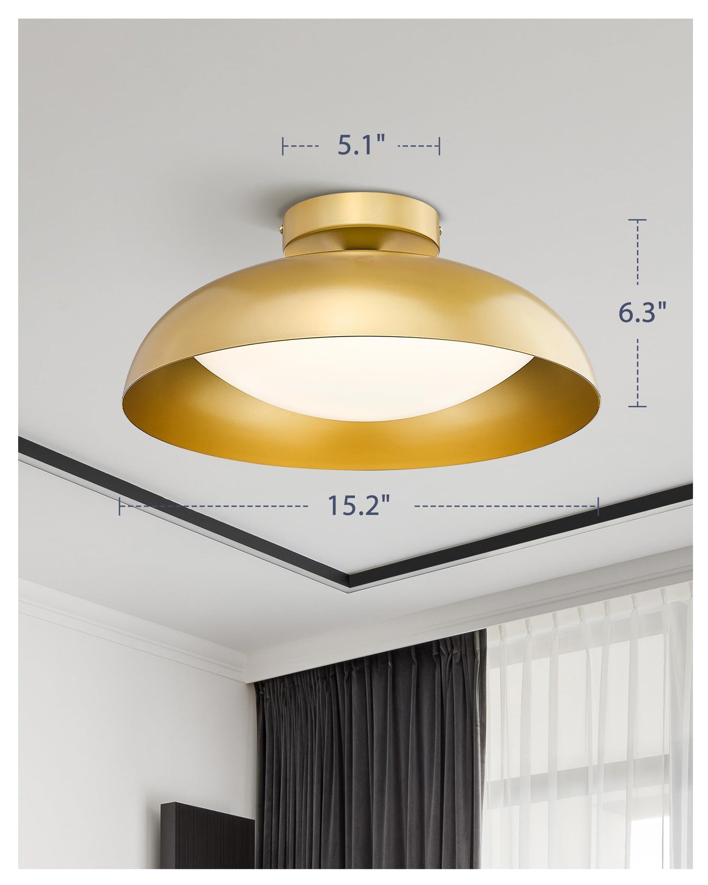 kudos Gold Semi Flush Mount Ceiling Light, 16 Inch LED Ceiling Light Fixtures, 23W/1300Lm Light Fixtures Ceiling Mount, 5CCT Adjustable, KDCL02-GD