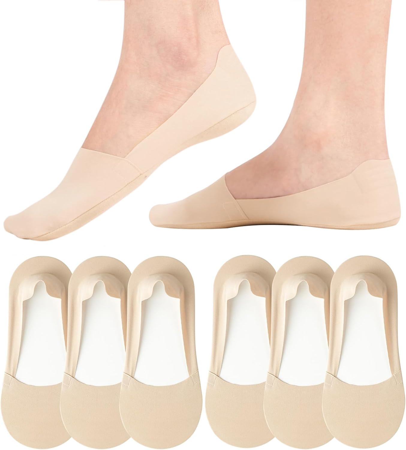 Skiennix No Show Socks - Women's Nylon Non-Slip Invisible Liner Footies - Lightweight Silk, 6 Pairs