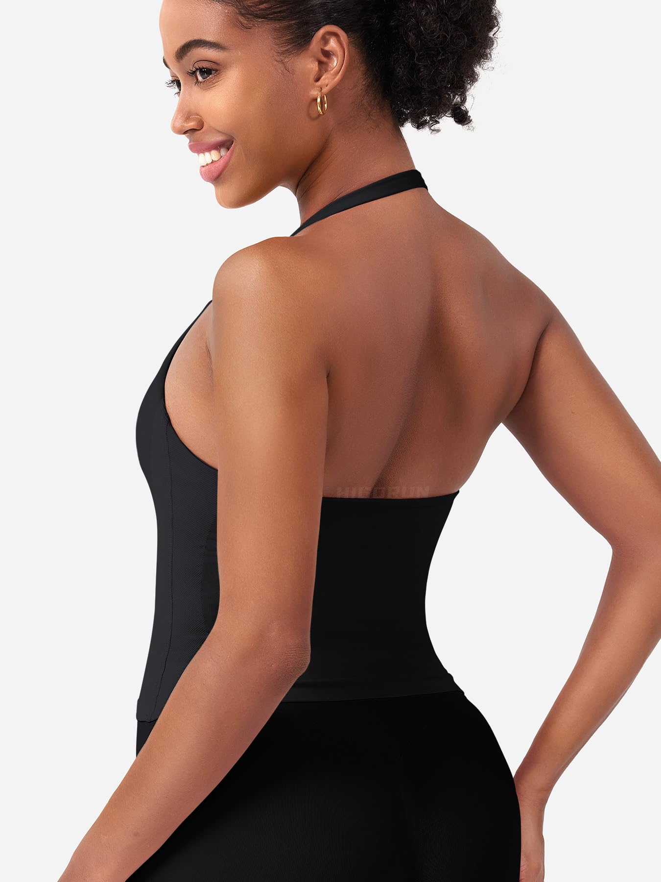 HIGORUN Halter Impact Tank Tops for Women Y2K Workout Longline Crop Tops with Built in Bras Open Back Going Out Gym Top Black