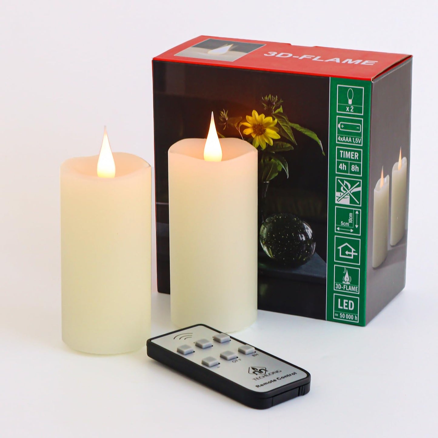 TECHLONG Flameless Candles Battery Operated with Remote Timer, 3D Moving Flame Flickering, Last 400+ Hours, 2" x 4" Ivory Real Wax Electric LED Candle for Christmas Home Wedding Decor, 2 Pack