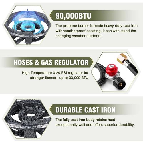 Bestfire 13" Single Propane Burner Stove 90,000 BTU Cast Iron Portable Outdoor Burner with 0-20 PSI Adjustable Regulator and 4ft Hose Perfect for Outdoor Wok Cooking