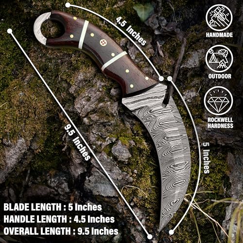 RC Damascus Hunting Knife with Leather Sheath - Full Tang Fixed Blade, 9 Inch Outdoor Survival Knife for Men